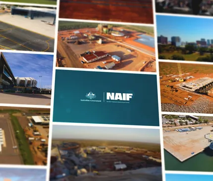 Collage of various infrastructure projects, including buildings, roads, and aerial views, with a "NAIF" logo and Australian government symbol in the center.